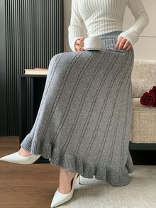 Modelyn Women's Elastic Waist Cable Knit Casual Midi Skirt - Grey - View 4