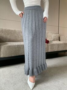 Modelyn Women's Elastic Waist Cable Knit Casual Midi Skirt - Grey - View 5