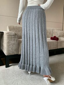 Modelyn Women's Elastic Waist Cable Knit Casual Midi Skirt - Grey - View 2