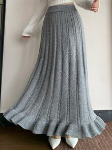 Modelyn Women's Elastic Waist Cable Knit Casual Midi Skirt - Grey - View 1