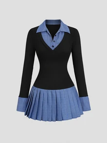 Sweetra Women's Premium Elegant Fashion Commute Versatile College & Patchwork Blue Plaid Shirt Collar Mini Dress - Blue - View 3