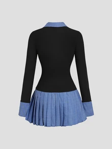 Sweetra Women's Premium Elegant Fashion Commute Versatile College & Patchwork Blue Plaid Shirt Collar Mini Dress - Blue - View 2