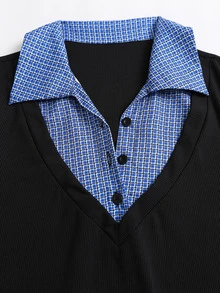 Sweetra Women's Premium Elegant Fashion Commute Versatile College & Patchwork Blue Plaid Shirt Collar Mini Dress - Blue - View 4