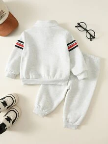SHEIN 男女嬰幼兒 2件組 秋冬保暖內裡加厚可愛學院風立領運動衫套裝，嬰兒冬季服飾運動服，聖誕 - 淺灰色 - 查看 2