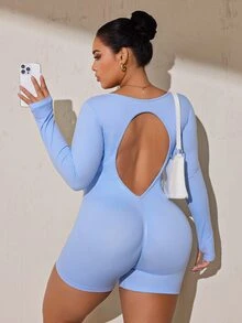 SHEIN Rhythm Era Seamless High Elastic Plus Size Women's Sports Jumpsuit Fall - Baby Blue - View 5