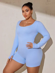 SHEIN Rhythm Era Seamless High Elastic Plus Size Women's Sports Jumpsuit Fall - Baby Blue - View 4