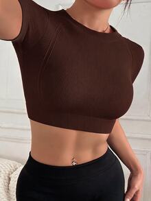 StreetHx Solid Color Short Sleeve Slim Fit Cropped Sports T-Shirt - Chocolate Brown - View 3