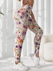 SHEIN Sovereign Charm 女款極簡花卉印花高腰修身運動緊身褲 - 淺粉色 - 查看 5