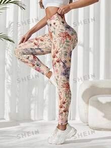 SHEIN Sovereign Charm 女款極簡花卉印花高腰修身運動緊身褲 - 淺粉色 - 查看 2