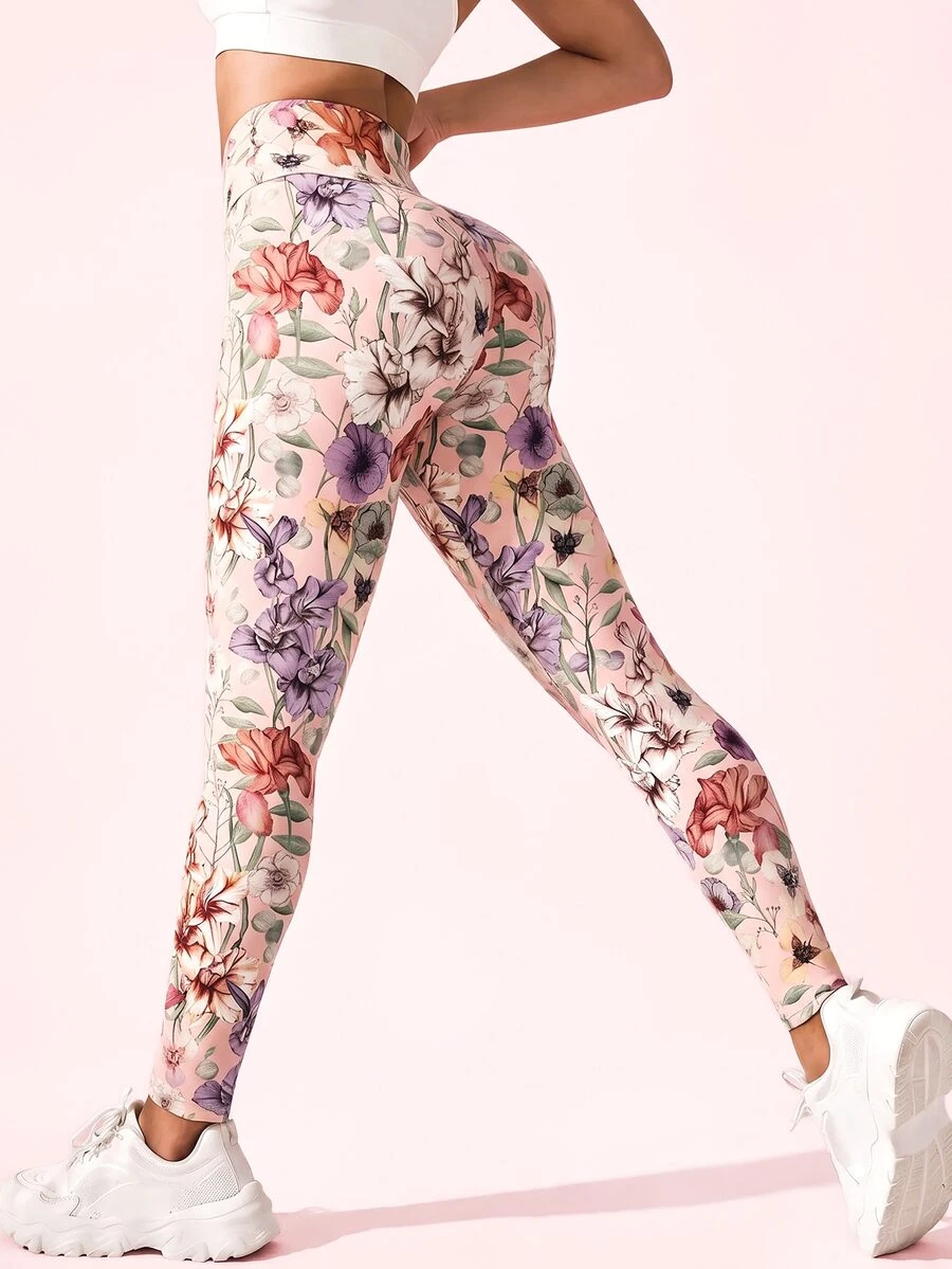 SHEIN Sovereign Charm 女款極簡花卉印花高腰修身運動緊身褲 - 淺粉色 - 查看 1