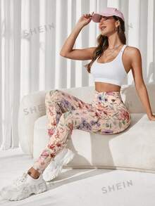 SHEIN Sovereign Charm 女款極簡花卉印花高腰修身運動緊身褲 - 淺粉色 - 查看 4