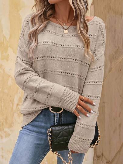 EMERY ROSE pull en tricot à encolure bateau, à épaules tombantes et à motif ajouré, pour l'automne et l'hiver