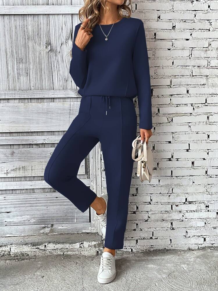 SHEIN Set de 2 piezas para mujer con top de cuello redondo de manga larga de unicolor y pantalón largo con cordón - Azul Marino - Añade 5