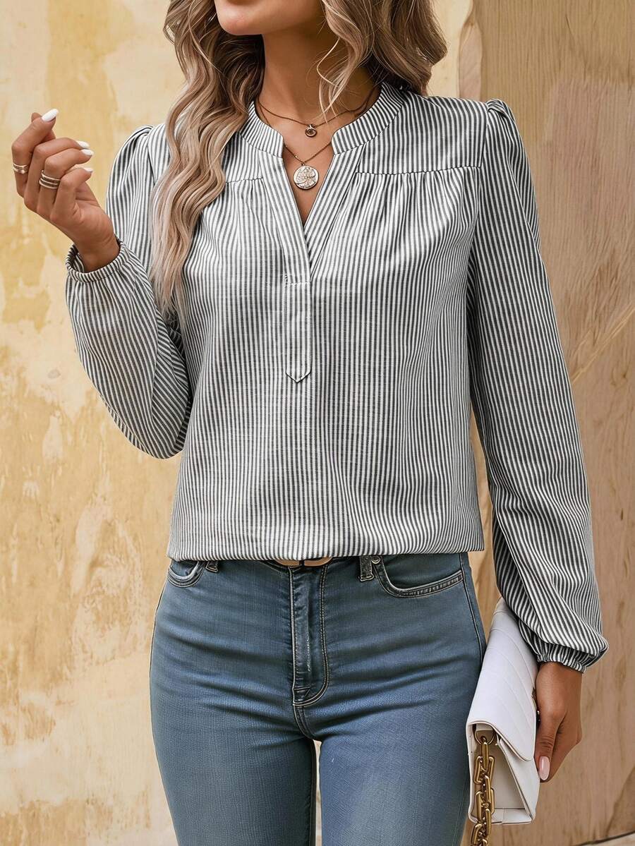 SHEIN 條紋印花半排扣燈籠袖襯衫 - 淺灰色 - 查看 1