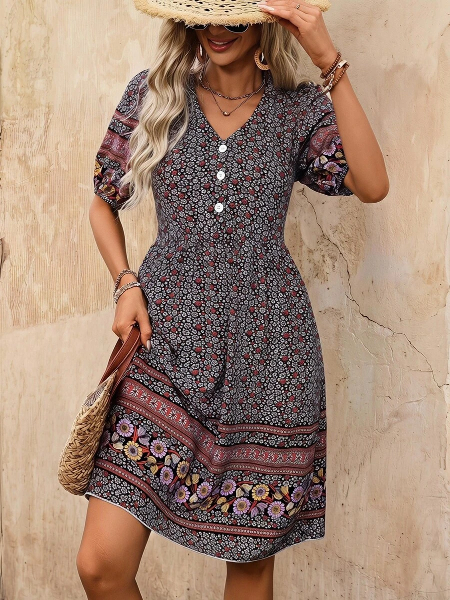 EMERY ROSE Vestido corto con mangas abullonadas y estampado floral, decoración de botones y estilo de vacaciones para conjunto de playa de verano - Negro - Ver 1