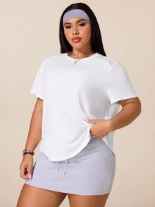 SHEIN Rhythm Era Women's Plus Size Solid Color Casual Versatile Daily Outing Sports T-Shirt - White - View 3