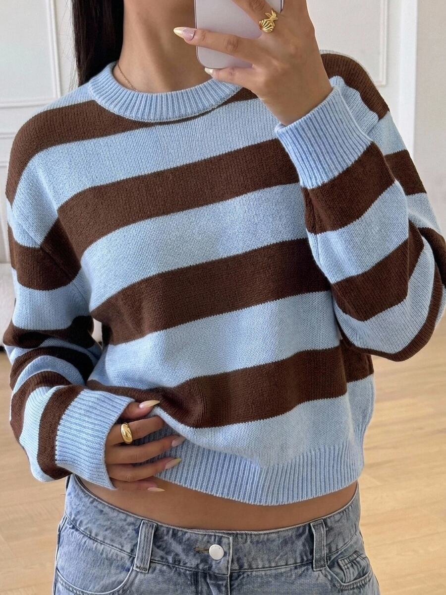 Teen Girl Striped Dual-Color Round Neck Long Sleeve Sweater - Multicolor - View 1