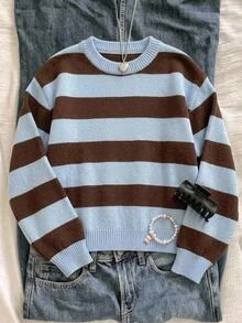 Teen Girl Striped Dual-Color Round Neck Long Sleeve Sweater - Multicolor - View 3