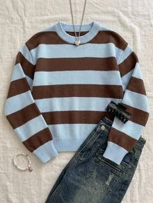 Teen Girl Striped Dual-Color Round Neck Long Sleeve Sweater - Multicolor - View 6