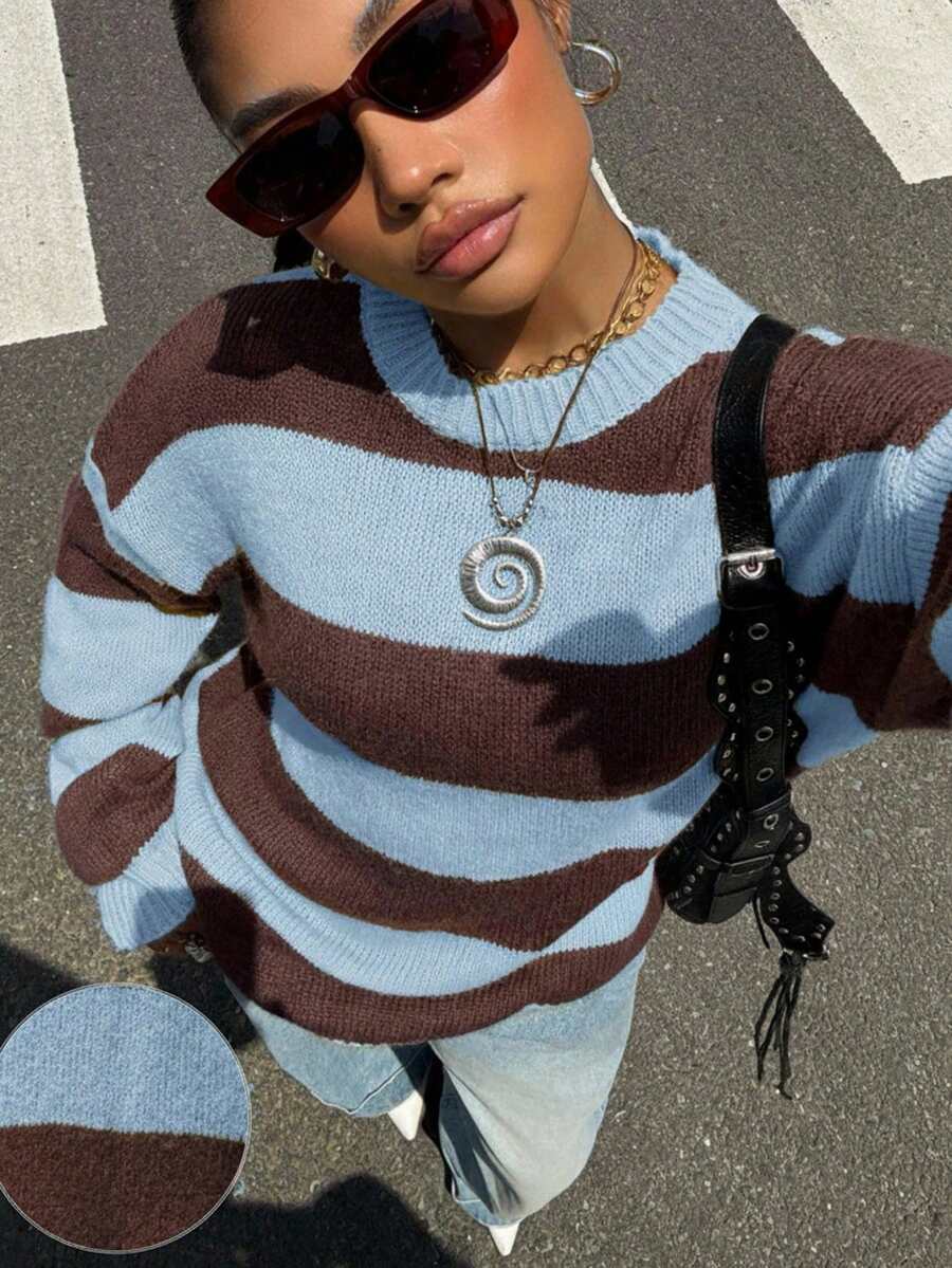 Teen Girl Striped Dual-Color Round Neck Long Sleeve Sweater - Multicolor - View 1