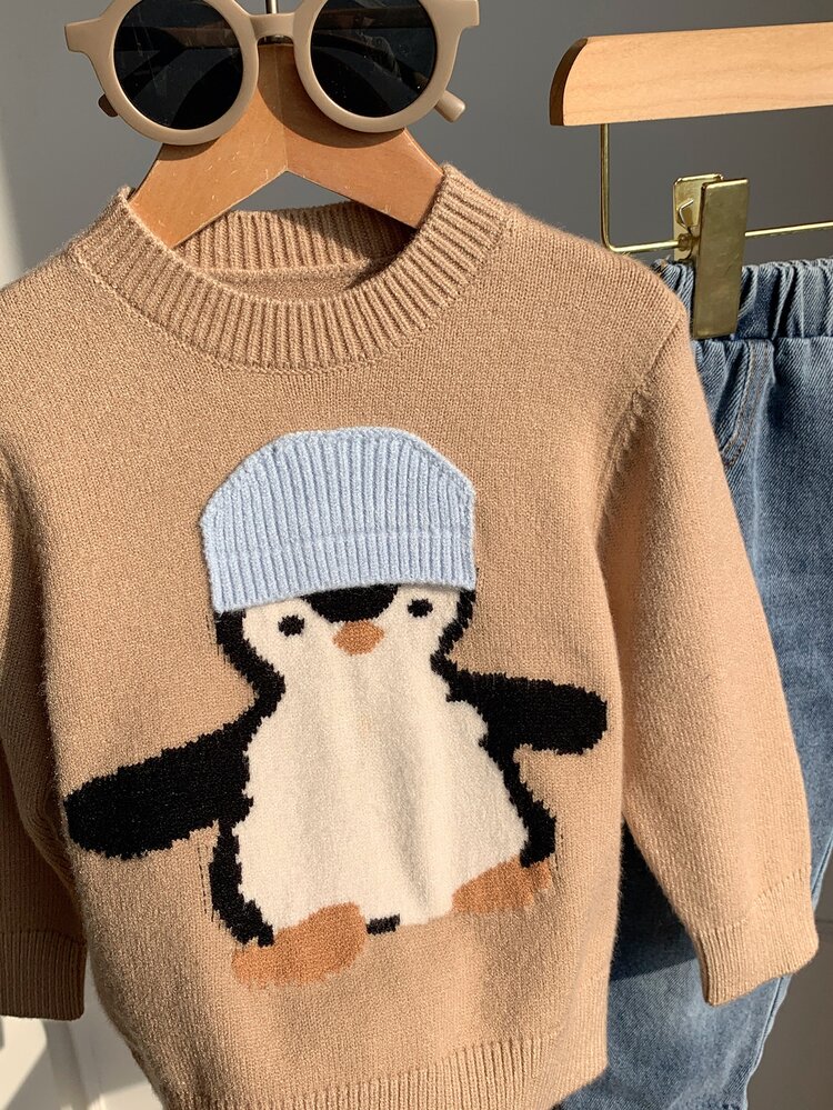 SHEIN Unisex Baby Boy/Girl, Toddler Autumn/Winter Casual Cute Penguin Pattern Crew Neck Sweater Knit, Baby Sweater, Halloween - Apricot - View 4