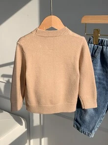 SHEIN 男女嬰兒/幼兒秋冬休閒可愛企鵝圖案圓領針織毛衣，嬰兒毛衣，萬聖節 - 杏色 - 查看 2