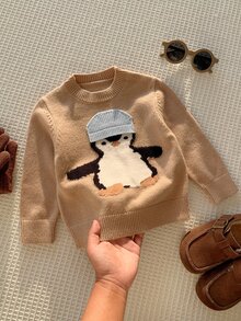 SHEIN 男女嬰兒/幼兒秋冬休閒可愛企鵝圖案圓領針織毛衣，嬰兒毛衣，萬聖節 - 杏色 - 查看 3