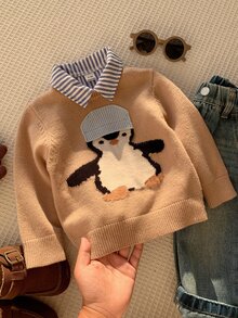 SHEIN 男女嬰兒/幼兒秋冬休閒可愛企鵝圖案圓領針織毛衣，嬰兒毛衣，萬聖節 - 杏色 - 查看 6