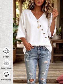 Linhara CURVE Women's Plus Size V-Neck Asymmetric Hem Top, Casual Outing Blouse Fall - White - View 3
