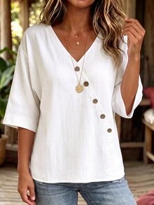 Linhara CURVE Women's Plus Size V-Neck Asymmetric Hem Top, Casual Outing Blouse Fall - White - View 6