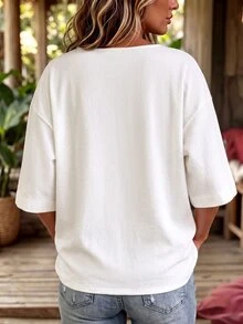 Linhara CURVE Women's Plus Size V-Neck Asymmetric Hem Top, Casual Outing Blouse Fall - White - View 2