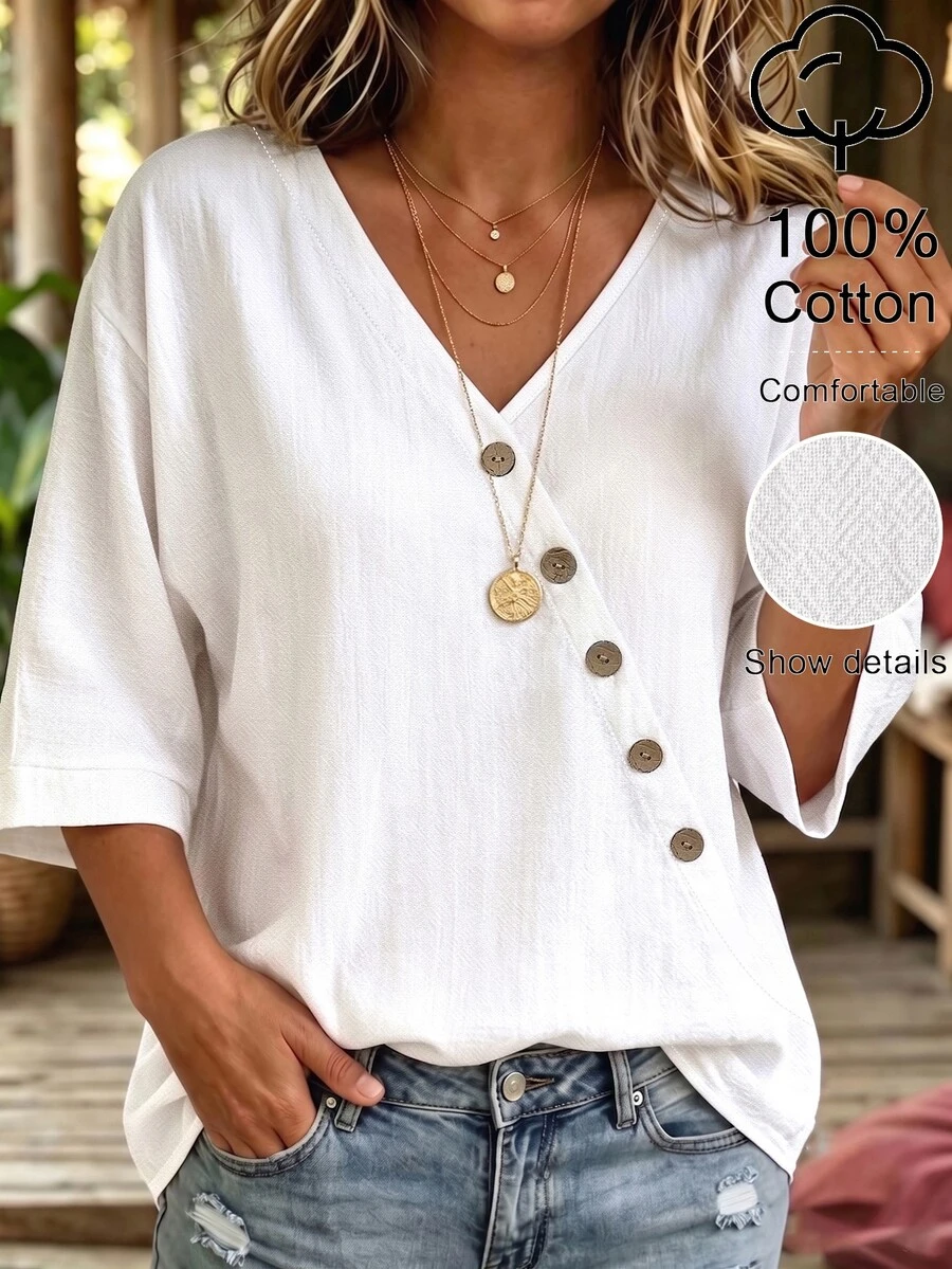 Linhara CURVE Women's Plus Size V-Neck Asymmetric Hem Top, Casual Outing Blouse Fall - White - View 1