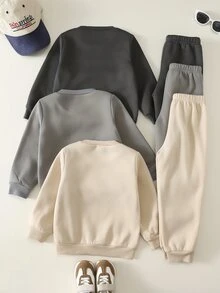 兒童中性小男孩/小女孩秋冬休閒百搭保暖內裡加厚運動衫套裝，幼兒冬季服飾套裝 - 米色 - 查看 2