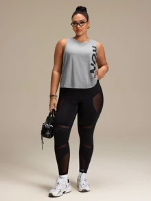 SHEIN Rhythm Era Women's Plus Size Letter Print Casual Versatile Daily Wear Sports T-Shirt Gym Sports Gray Summer - Grey - View 6