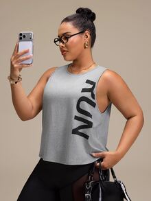 SHEIN Rhythm Era Women's Plus Size Letter Print Casual Versatile Daily Wear Sports T-Shirt Gym Sports Gray Summer - Grey - View 5