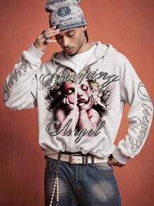 ROMWE MEN Street Life Men's Angel Letter Print Hoodie - Multicolor - View 2