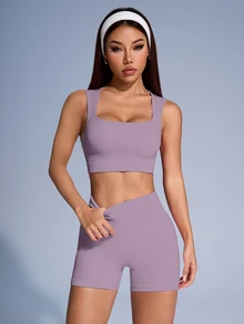 SHEIN Sovereign Charm Solid Color Ribbed Sports Tank Top And Shorts Set For Women - Mauve Purple - View 4