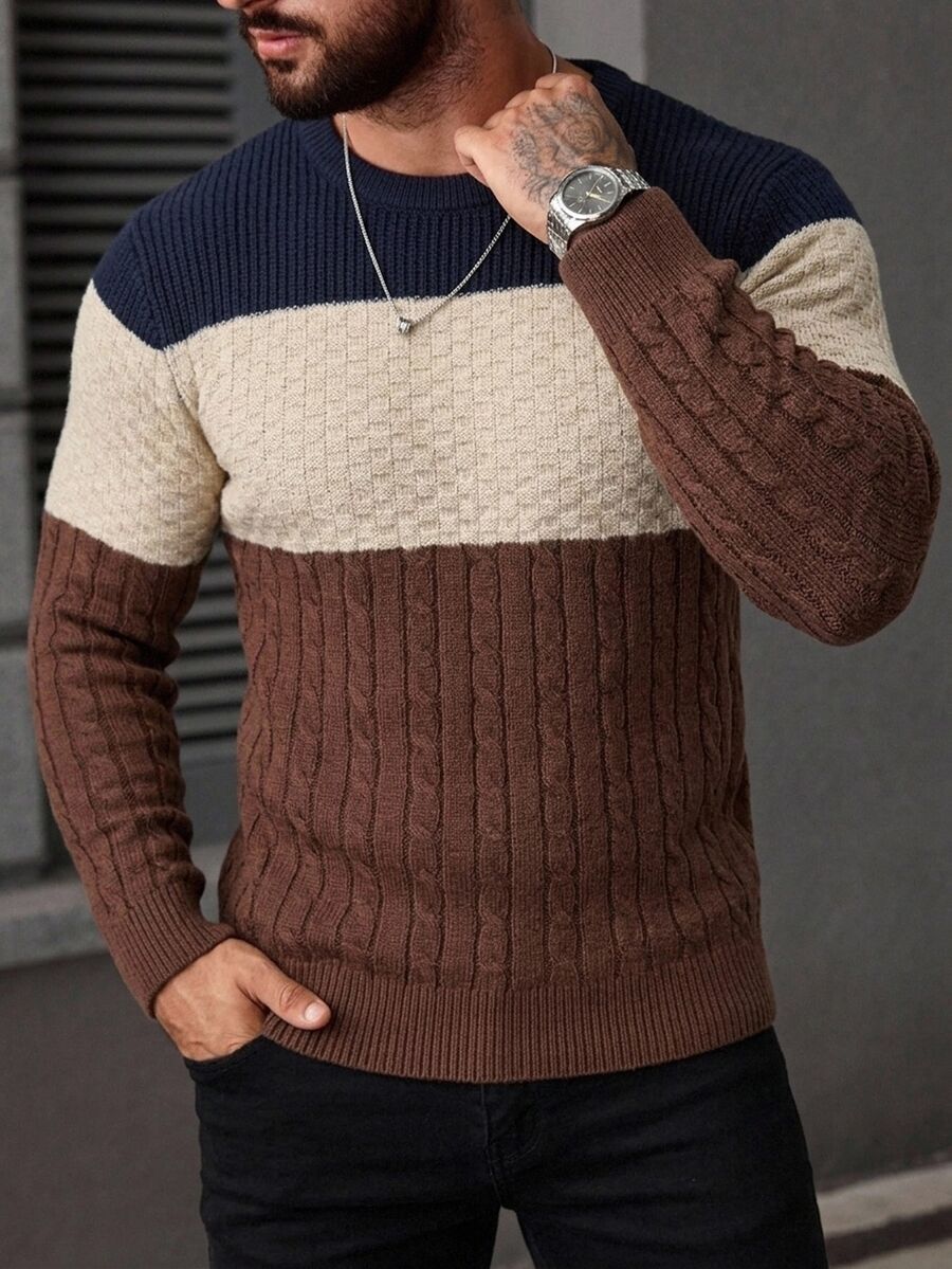 Manfinity Homme Men's Autumn/Winter Dropped Shoulder Long Sleeve Crew Neck Sweater, Textured Three-Color Patchwork Pullover, Fitted Knit Top - Multicolor - View 1