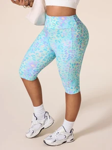 SHEIN Rhythm Era Women's Plus Size Leopard Print High Waist Pockets Daily Fitness Sports Base Layer Shorts - Multicolor - View 4