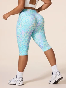 SHEIN Rhythm Era Women's Plus Size Leopard Print High Waist Pockets Daily Fitness Sports Base Layer Shorts - Multicolor - View 2