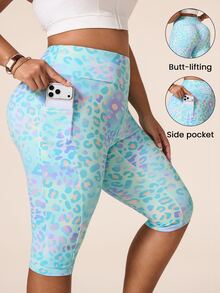SHEIN Rhythm Era Women's Plus Size Leopard Print High Waist Pockets Daily Fitness Sports Base Layer Shorts - Multicolor - View 1