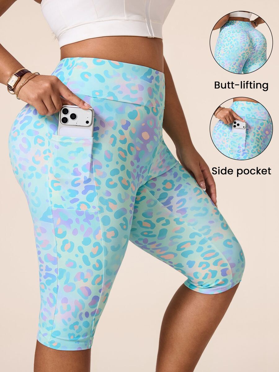 SHEIN Rhythm Era Women's Plus Size Leopard Print High Waist Pockets Daily Fitness Sports Base Layer Shorts - Multicolor - View 1