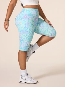 SHEIN Rhythm Era Women's Plus Size Leopard Print High Waist Pockets Daily Fitness Sports Base Layer Shorts - Multicolor - View 3