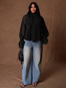 Rustia Plus Size Women's Stand Collar Chiffon Solid Color Long Sleeve Casual Loose Blouse, Spring/Autumn - Black - View 6