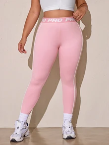 SHEIN Rhythm Era Legging Ketat Wanita Ukuran Plus Motif Huruf Blok Warna Kasual untuk Perjalanan Sehari-hari, Olahraga, dan Perjalanan - Berwarna merah muda - View 3