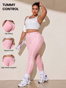 SHEIN Rhythm Era Legging Ketat Wanita Ukuran Plus Motif Huruf Blok Warna Kasual untuk Perjalanan Sehari-hari, Olahraga, dan Perjalanan - Berwarna merah muda - View 1