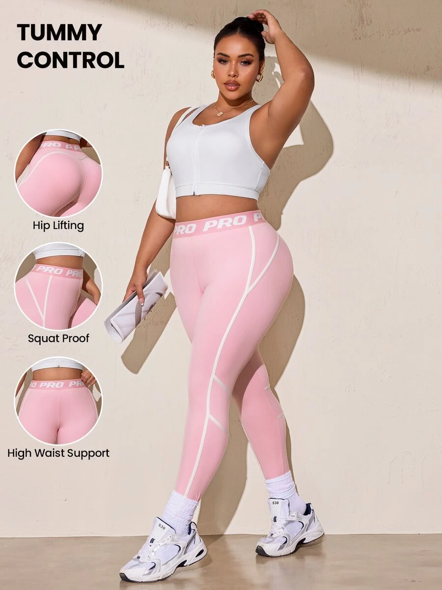 SHEIN Rhythm Era Legging Ketat Wanita Ukuran Plus Motif Huruf Blok Warna Kasual untuk Perjalanan Sehari-hari, Olahraga, dan Perjalanan - Berwarna merah muda - View 1