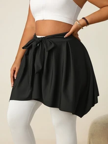 SHEIN Rhythm Era Women's Plus Size Solid Color Tie-Waist Sports Skirt - Black - View 4