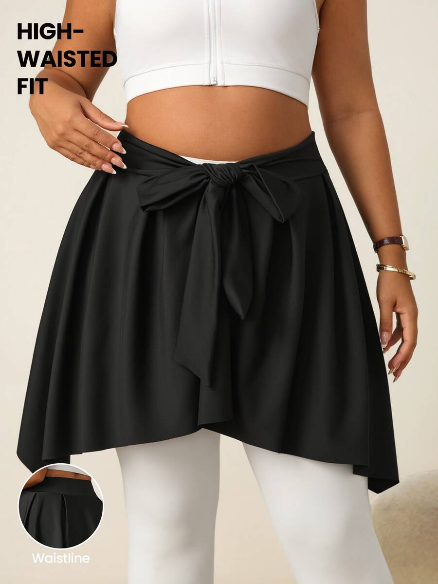 SHEIN Rhythm Era Women's Plus Size Solid Color Tie-Waist Sports Skirt - Black - View 1
