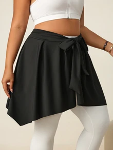 SHEIN Rhythm Era Women's Plus Size Solid Color Tie-Waist Sports Skirt - Black - View 5